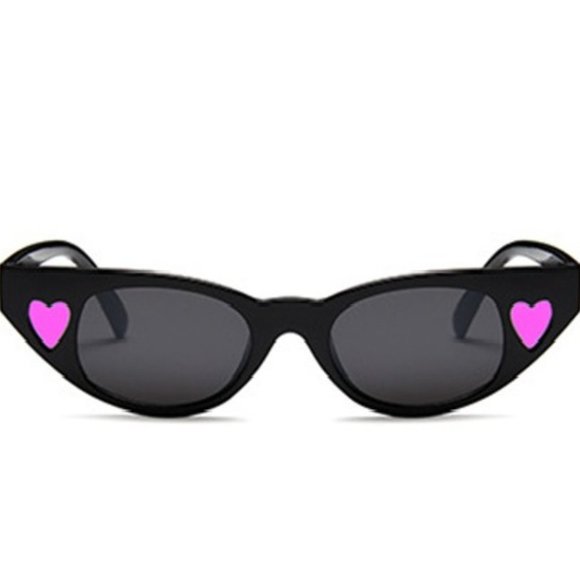 Accessories - Women's Sunglasses Small Modern Rectangular Black with PInk Heart Accents